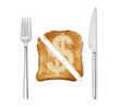 Dollar currency sign burn mark on toast bread with knife and fork sliced in half, isolated on white background. Slice bread  with dollar sign, concept high price of food or food for business.