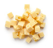 Heap of diced cheese squares from above