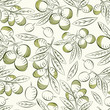 Olives background. Seamless pattern olives. Olive fruit and leaves. Good harvest.