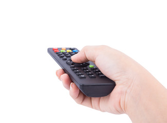 Wall Mural - hand with tv remote control isolated on white