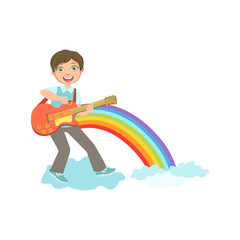 Sticker - Boy Playing Guitar With Rainbow And Clouds Decoration