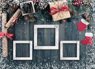 Christmas background with photo frame, spruce, gift box, Santa C