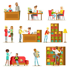 Sticker - People Talking And Reading Books In Library Set Of Illustrations