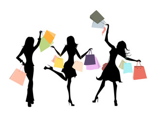 shopping sillhouettes set. black sillhouettes of women with colorful shopping bags on white backgrou