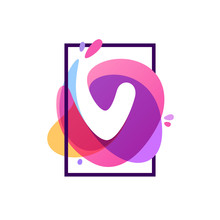 V Letter Logo In Square Frame At Watercolor Splash Background.