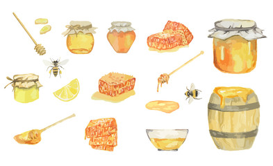 Watercolor honey set. Isolated items on white background. Bee, honey jar, barrel and more.