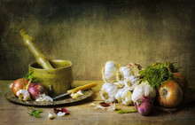 Still Life With Fresh Vegetables,onions And Garlic, Vintage Copper Try And Pot And Rosemary On Rustic Wooden Table.