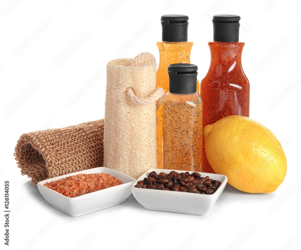 Body care set for peeling on white background