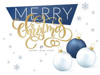 vector illustration of hand drawn lettering - Merry Christmas and happy new year - with christmas ornaments and snowflakes