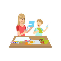 Sticker - Mother And Child Doing Applique Together Illustration