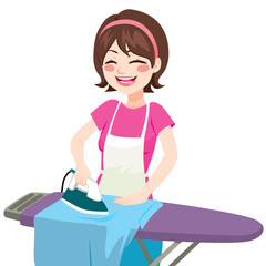 Young beautiful happy woman smiling ironing clothes in house