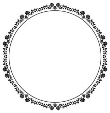 Black And White Round Frame With Floral Silhouettes. 