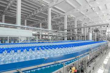 Poster - for the production of plastic bottles and bottles on a conveyor belt factory