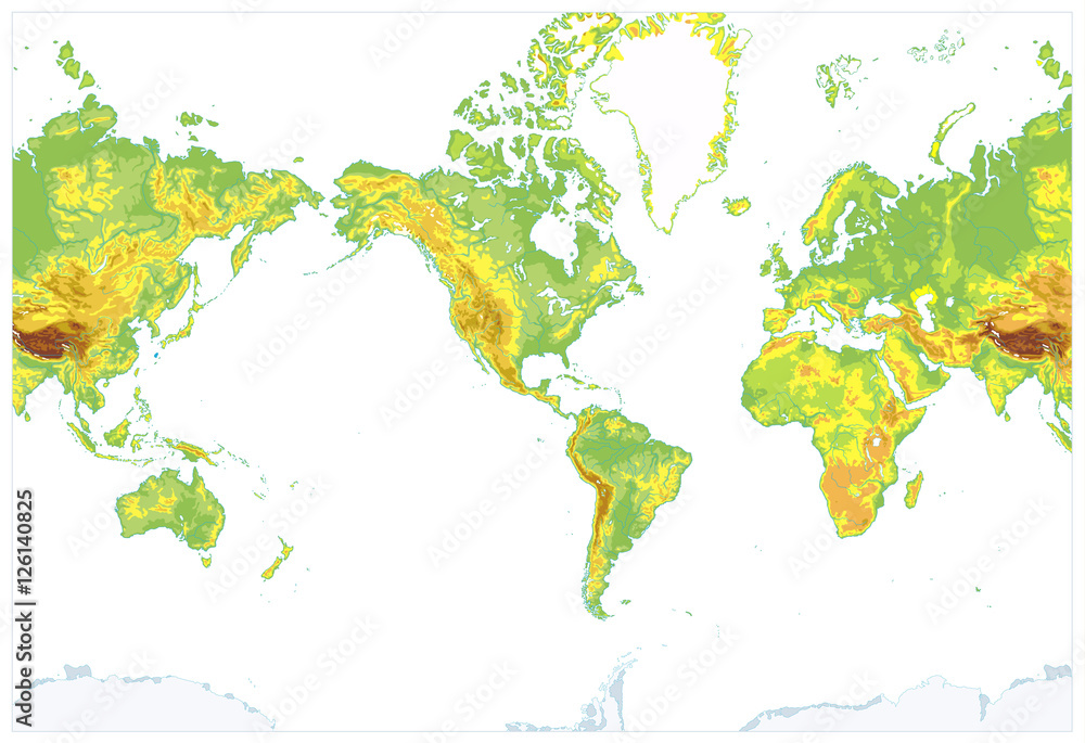 America Centered Detailed Physical World Map Isolated On White Stock