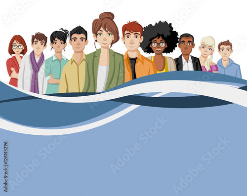 Template for advertising brochure with cartoon young people.