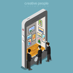 Wall Mural - flat isometric men phone virtual gallery screen vector 3d mobile
