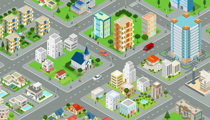 Wall Mural - Flat isometric city road model vector. 3d buildings architecture