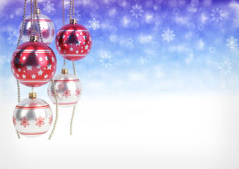 Wall Mural - red and silver christmas balls hanging on bokeh background. 3D render