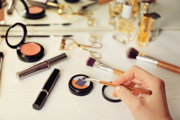 Wall Mural - Female makeup artist hand with cosmetics at work