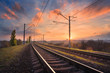 © den-belitsky - Railroad against beautiful sky at sunset. Industrial landscape with railway station, colorful blue sky with red  clouds, trees and green grass, yellow sunlight. Railway junction. Heavy industry