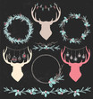 Christmas Deer, Wreaths and Garland Vintage Chalk Drawing Vector Set