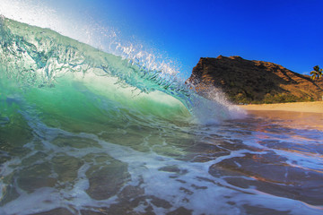 Fototapete - Shining Translucent Ocean Background Shorebreak Wave for Surfing