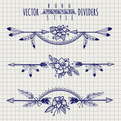 Wall Mural - boho style dividers with flowers and arrows on notebook page. vector illustration
