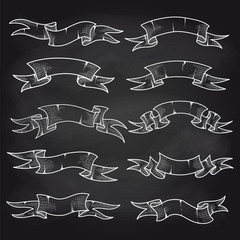 Wall Mural - hand drawn chalk vintage ribbons set on blackboard. vector illustration