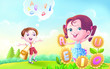 Boy and girl with vowel and alphabet