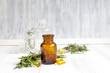 concept - natural medicine herbs in bottles on wooden background