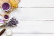 natural creams with lavender flowers on wooden table