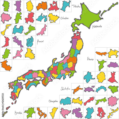Naklejka samoprzylepna Japan Map Prefecture Colorful