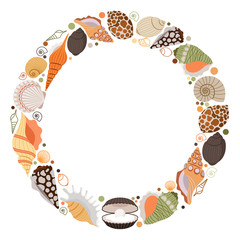 Marine life wreath or sea shells vector frame on white background