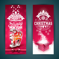 Vector Merry Christmas banner illustration with gift box and 2017 symbol on red background.