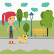 Woman walking with dog in the park relaxing time vector illustra