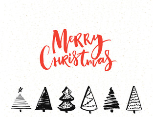 Wall Mural - Merry Christmas card with calligraphy text and hand drawn christmas trees. Vector template design