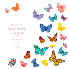 Wall Mural - invitation card with lovely flying butterflies on white backgrou