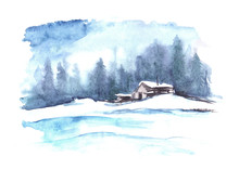 Watercolor Winter Pattern. Country Landscape. The Picture Shows A House, Spruce, Pine, Forest, Snow And Drifts.