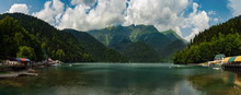 Riza - A Mountain Lake Of Glacial Tectonic Origin In The Western Caucasus, In The Gudauta District Of Abkhazia. Lake Riza - The Most Popular Tourist Vacation Spot, One Of The Natural Wonders Of Abkhaz