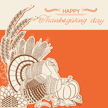 Thanksgiving Day Card With Turkey Bird And Decoration