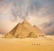Sunset All Egyptian Pyramids Camels Distant Wide