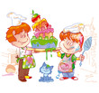 © Leh - Two little chefs cooked up a big cake with sausage, cucumber and apple and destroyed the kitchen.  Cartoon vector illustration