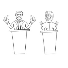 American Congressman Man And A Woman In The Style Of Cartoon Standing Behind The Podium And Spoke Into The Microphone Electorates Speech Gesticulating