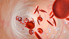 Oxygen Molecules And Erythrocytes Floating In The Blood Stream