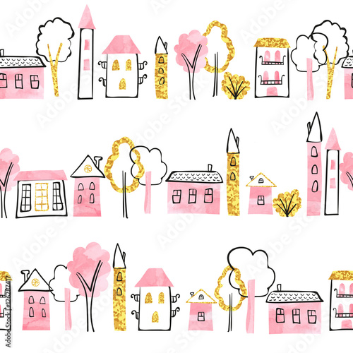Doodle town seamless pattern in pink and gold colors. Vector background with ...
