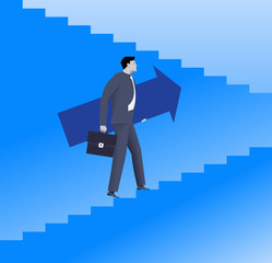 Wall Mural - Raising up career ladder business concept. Confident businessman in suit and with case raising up the ladder holding big arrow. Career opportunities and career ladder. Vector illustration