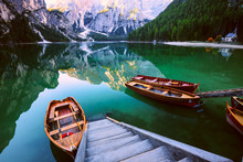 Boats On The Braies Lake ( Pragser Wildsee ) In Dolomites Mounta