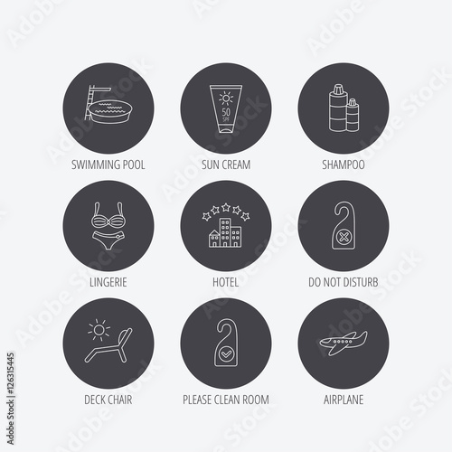 Hotel Swimming Pool And Beach Deck Chair Icons Sun Cream