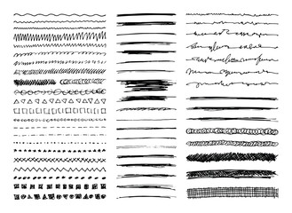 set of hand drawn line borders, sketch strokes, scribbles and design elements isolated on white. doo
