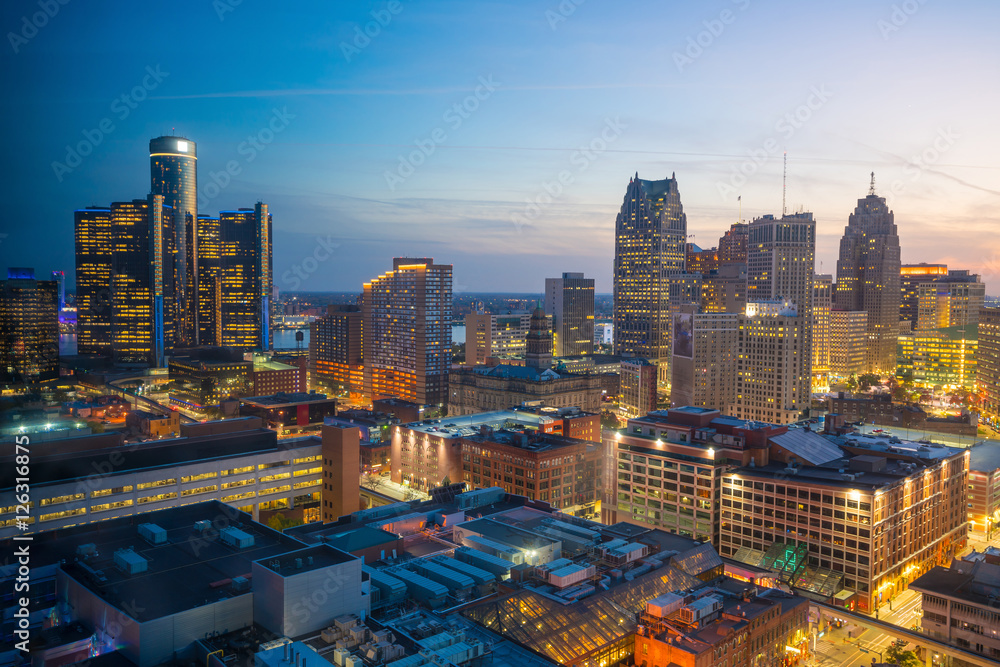 Aerial view of downtown Detroit at twilight Stock Photo | Adobe Stock